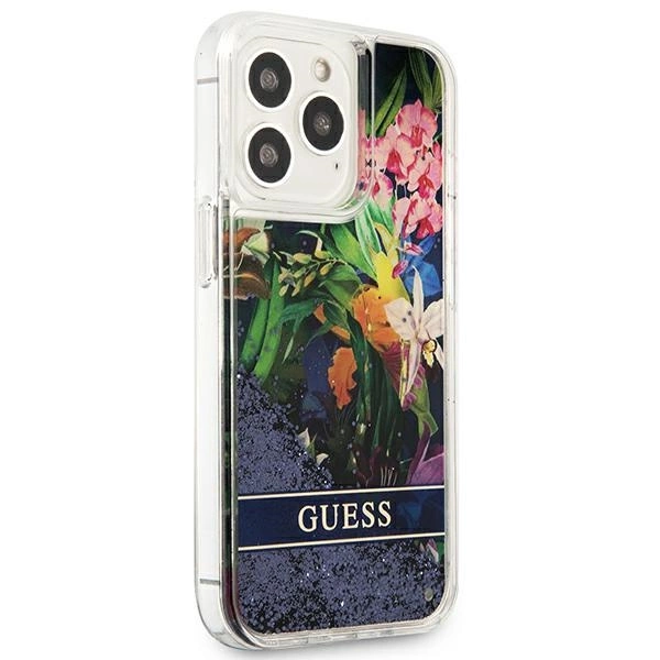 Etui Guess Flower Liquid Glitter na iPhone 13 Pro / iPhone 13 - niebieskie