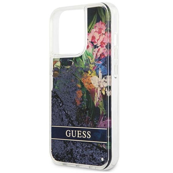 Etui Guess Flower Liquid Glitter na iPhone 13 Pro / iPhone 13 - niebieskie