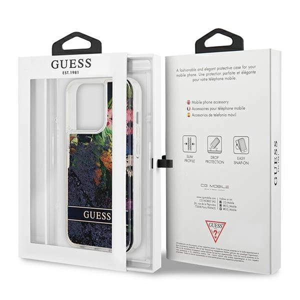 Etui Guess Flower Liquid Glitter na iPhone 13 Pro / iPhone 13 - niebieskie