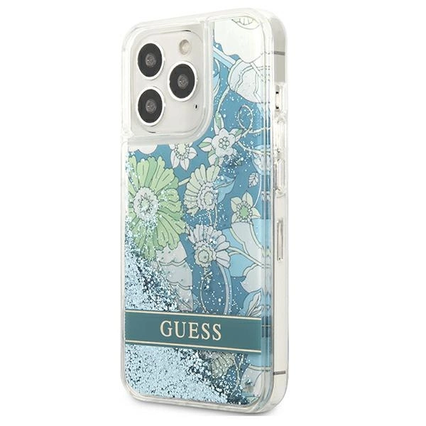 Etui Guess Flower Liquid Glitter na iPhone 13 Pro / iPhone 13 - zielone