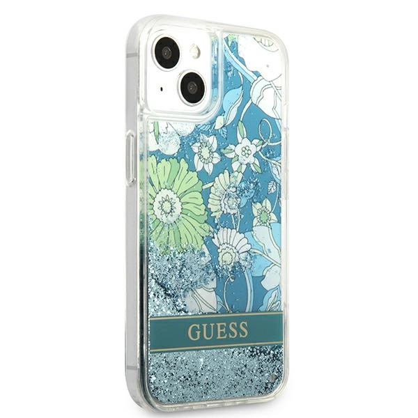 Etui Guess Flower Liquid Glitter na iPhone 13 - zielone