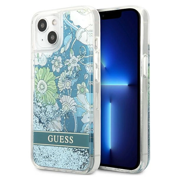 Etui Guess Flower Liquid Glitter na iPhone 13 mini - zielone