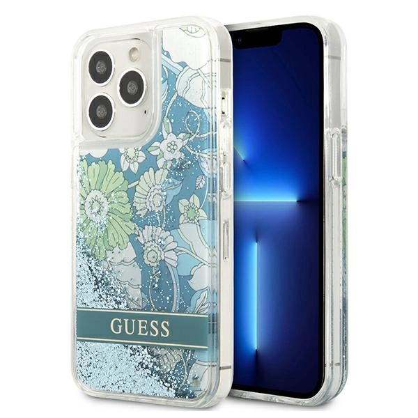 Etui Guess Flower Liquid Glitter na iPhone 13 Pro Max - zielone