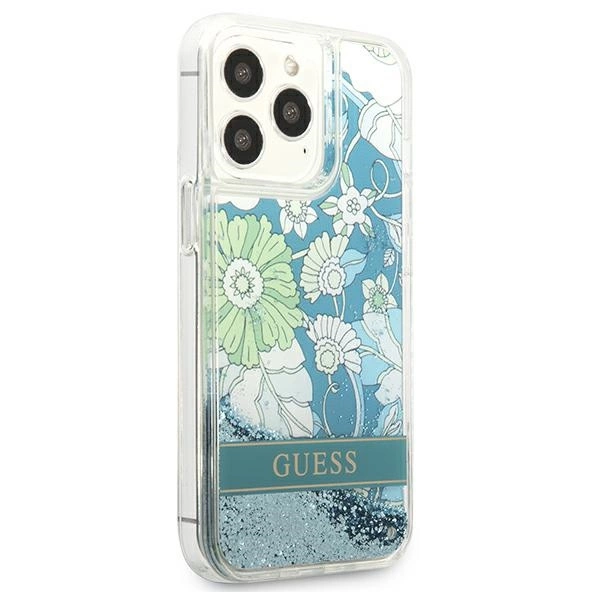 Etui Guess Flower Liquid Glitter na iPhone 13 Pro Max - zielone