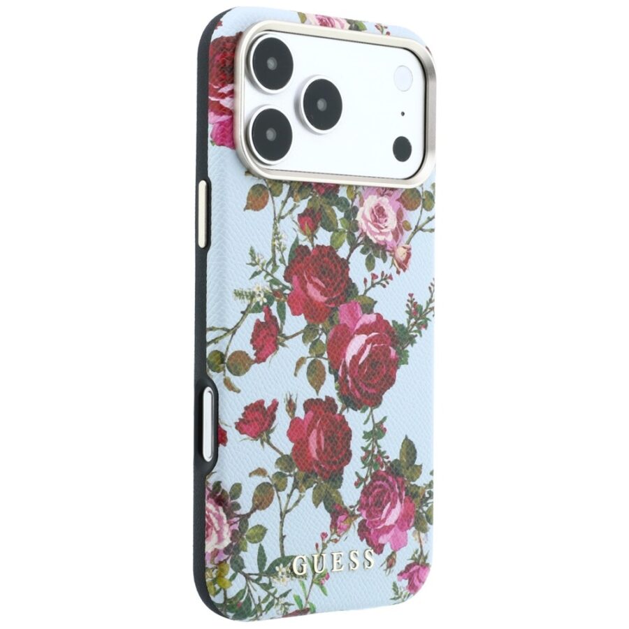 Etui Guess Blossom Roses Print  MagSafe do iPhone 18 Pro / 17 Pro niebieski