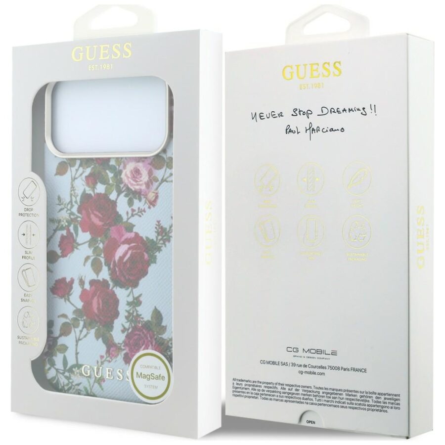 Etui Guess Blossom Roses Print  MagSafe do iPhone 18 Pro / 17 Pro niebieski