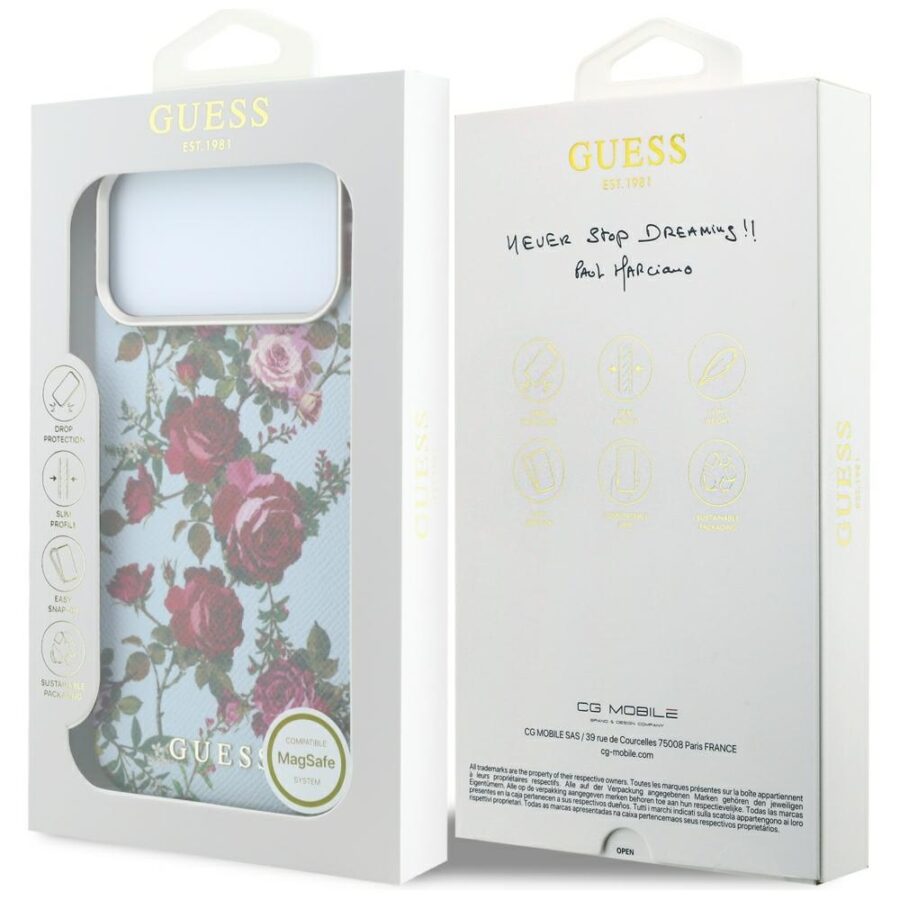 Etui Guess Blossom Roses Print  MagSafe do iPhone 18 Pro Max / 17 Pro Max niebieski