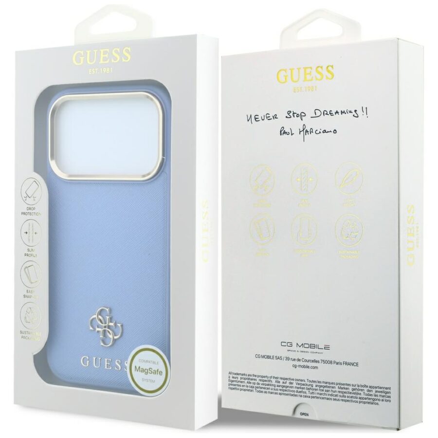 Etui Guess Saffiano Small 4G & Classic Logo MagSafe do iPhone 18 Pro / 17 Pro jasno niebieski