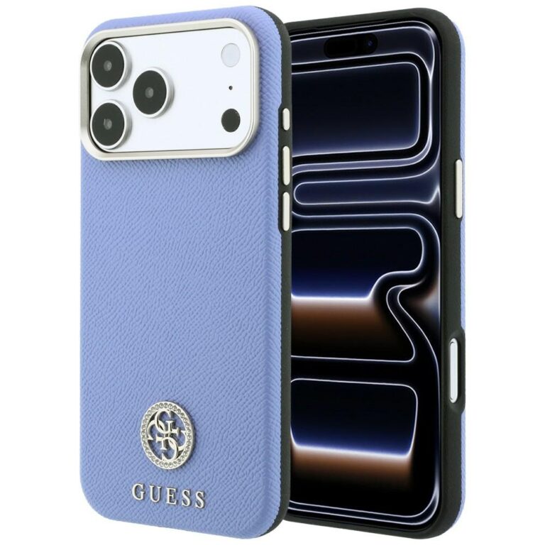 Etui Guess Grained Round Strass Logo MagSafe do iPhone 18 Pro / 17 Pro niebieski