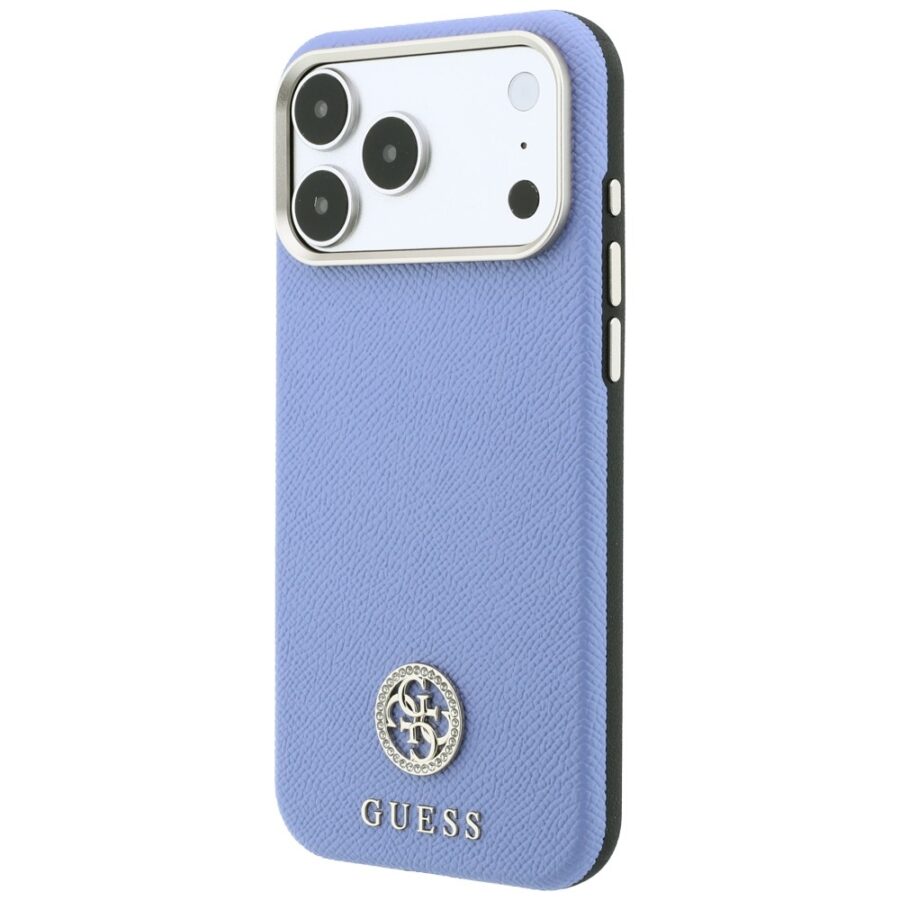Etui Guess Grained Round Strass Logo MagSafe do iPhone 18 Pro / 17 Pro niebieski