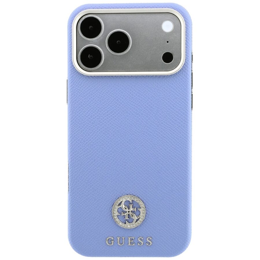 Etui Guess Grained Round Strass Logo MagSafe do iPhone 18 Pro / 17 Pro niebieski