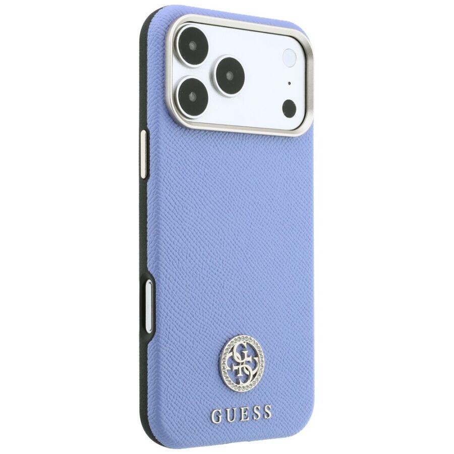 Etui Guess Grained Round Strass Logo MagSafe do iPhone 18 Pro / 17 Pro niebieski