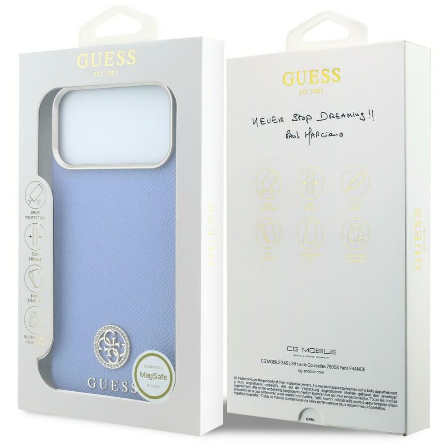 Etui Guess Grained Round Strass Logo MagSafe do iPhone 18 Pro / 17 Pro niebieski