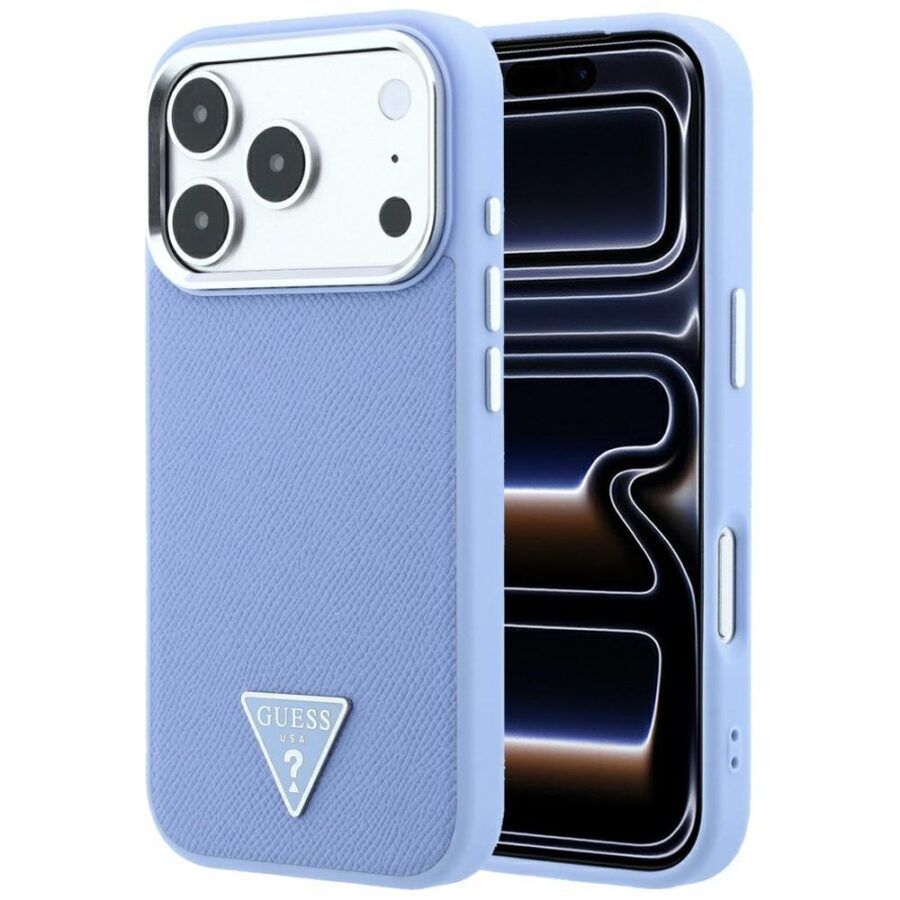 Etui Guess Grained Triangle Logo MagSafe do iPhone 18 Pro / 17 Pro niebieski