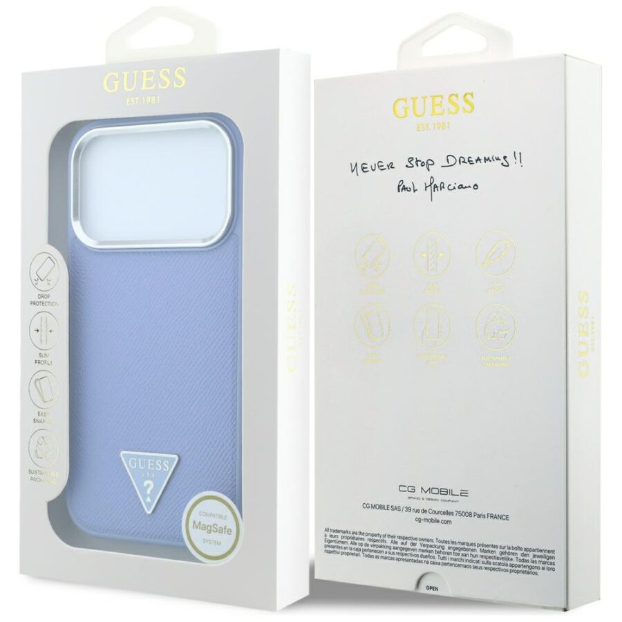 Etui Guess Grained Triangle Logo MagSafe do iPhone 18 Pro / 17 Pro niebieski