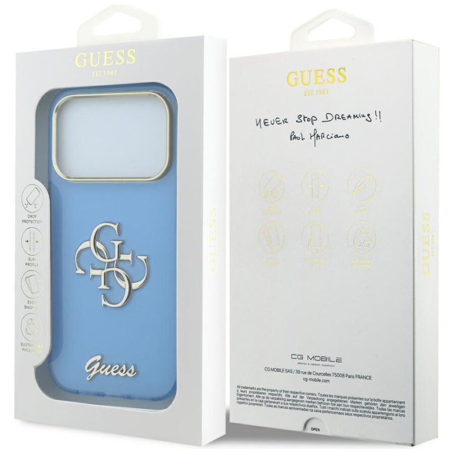 Etui Guess IML 4G Script Metal do iPhone 18 Pro Max / 17 Pro Max jasno niebieski