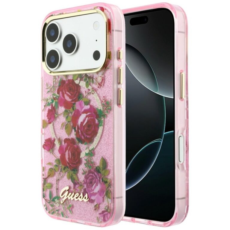 Etui Guess IML Glitter Blossom Roses MagSafe do iPhone 18 Pro Max / 17 Pro Max różowy