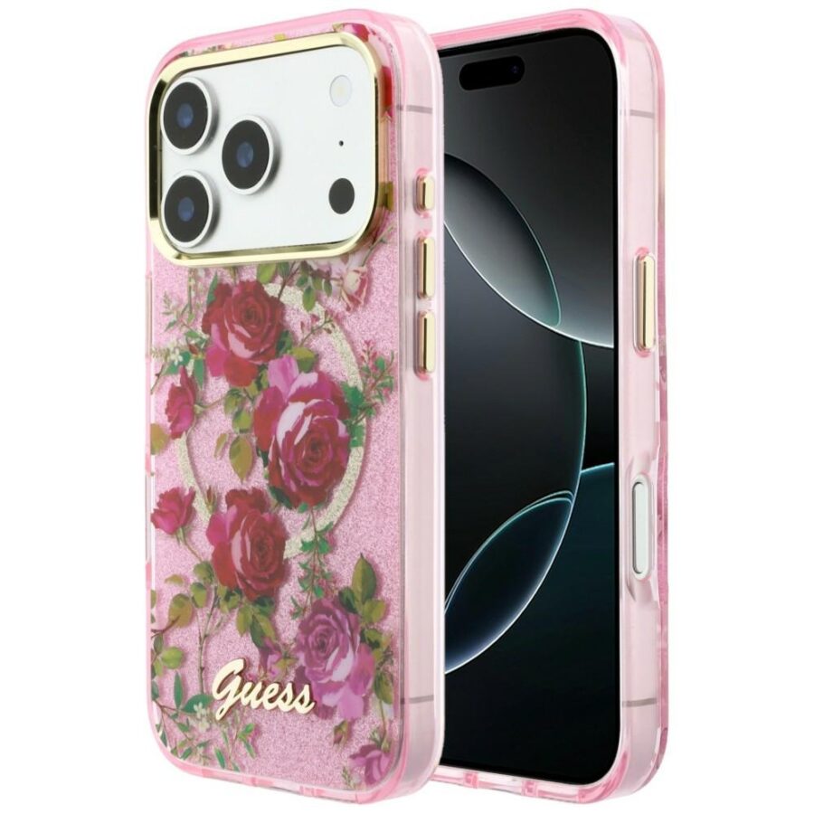 Etui Guess IML Glitter Blossom Roses MagSafe do iPhone 18 Pro Max / 17 Pro Max różowy