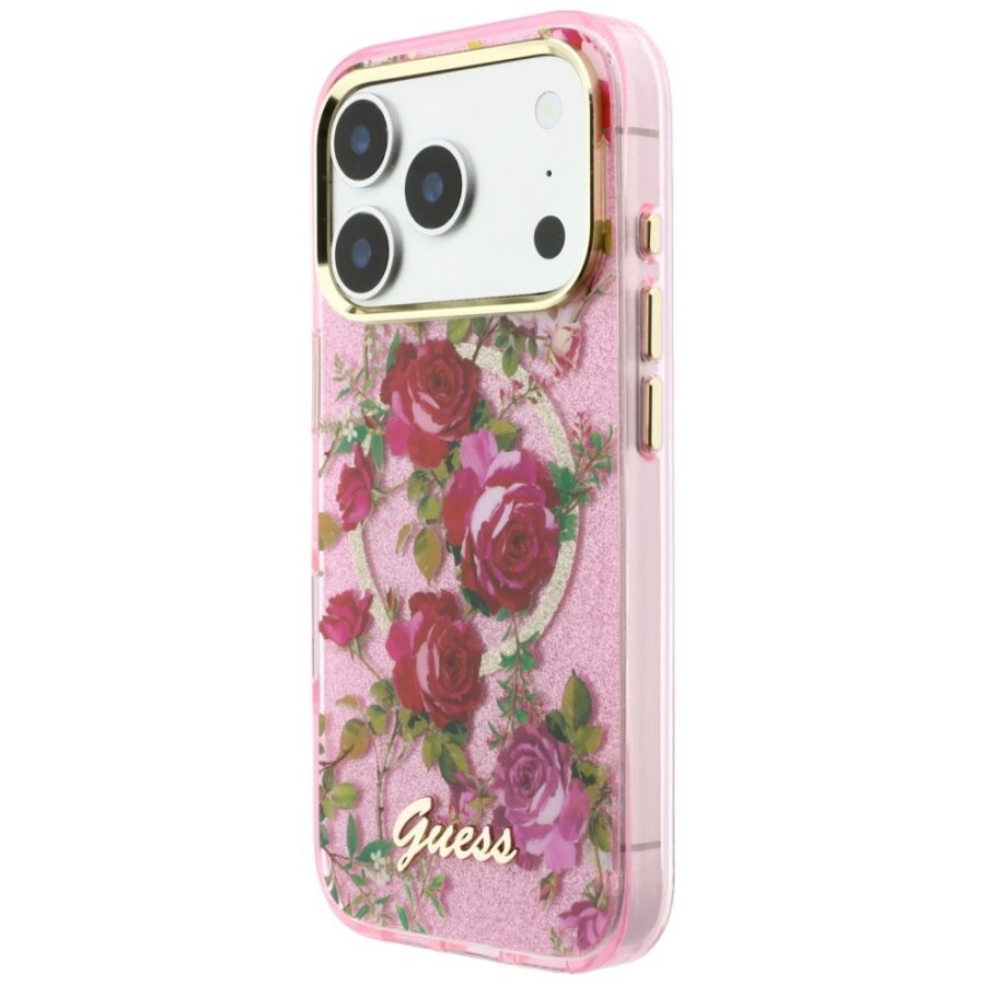 Etui Guess IML Glitter Blossom Roses MagSafe do iPhone 18 Pro Max / 17 Pro Max różowy