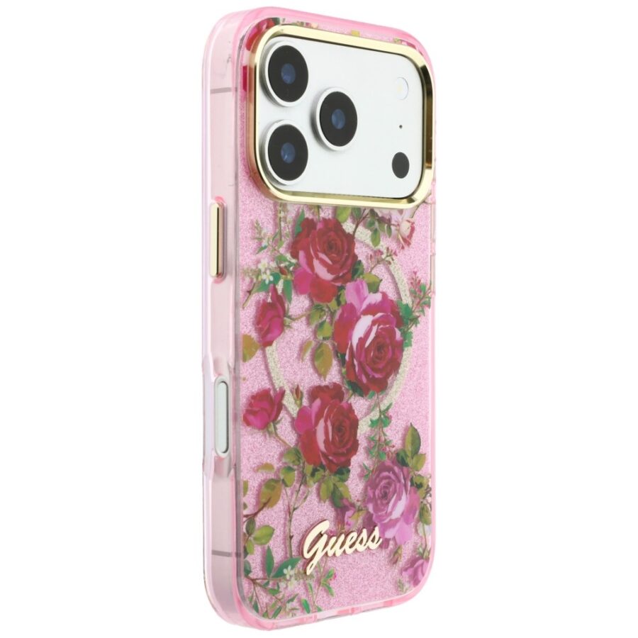 Etui Guess IML Glitter Blossom Roses MagSafe do iPhone 18 Pro Max / 17 Pro Max różowy