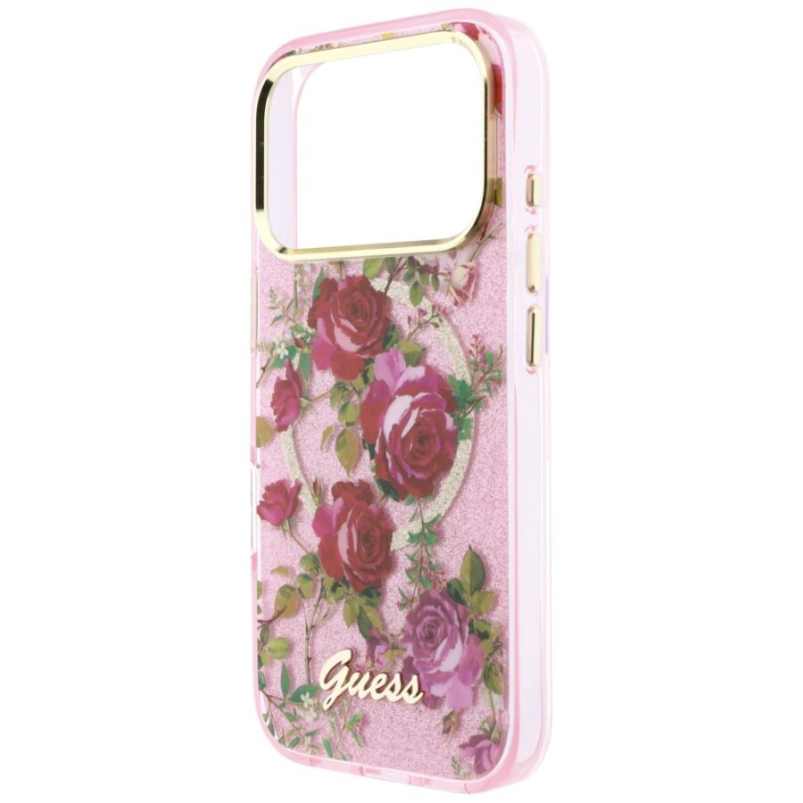 Etui Guess IML Glitter Blossom Roses MagSafe do iPhone 18 Pro Max / 17 Pro Max różowy