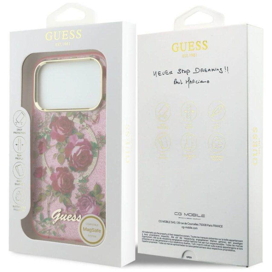 Etui Guess IML Glitter Blossom Roses MagSafe do iPhone 18 Pro Max / 17 Pro Max różowy
