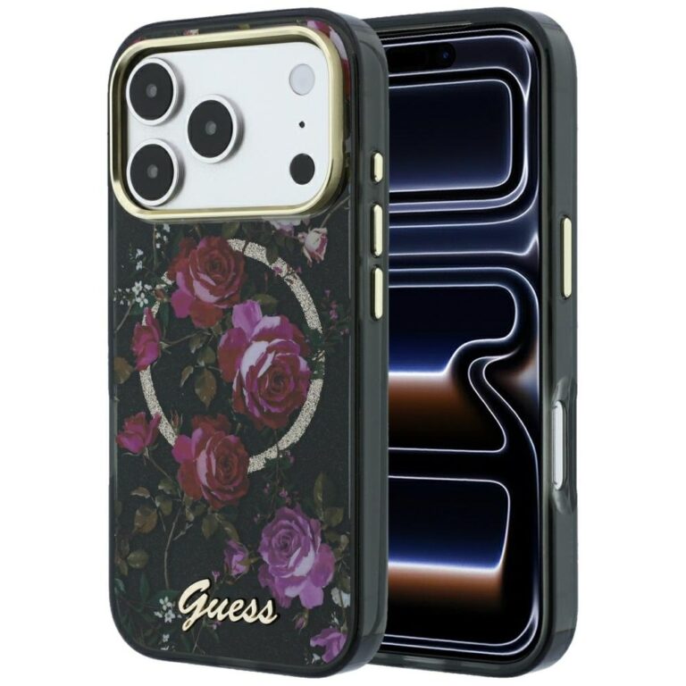 Etui Guess IML Glitter Blossom Roses MagSafe do iPhone 18 Pro Max / 17 Pro Max czarny