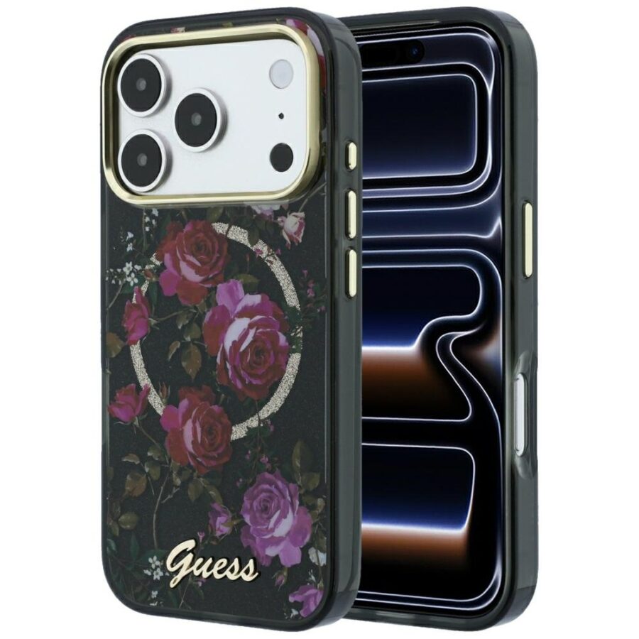Etui Guess IML Glitter Blossom Roses MagSafe do iPhone 18 Pro Max / 17 Pro Max czarny