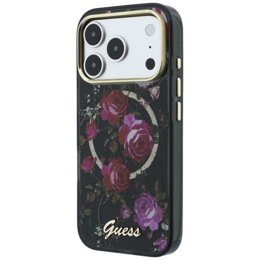 Etui Guess IML Glitter Blossom Roses MagSafe do iPhone 18 Pro Max / 17 Pro Max czarny