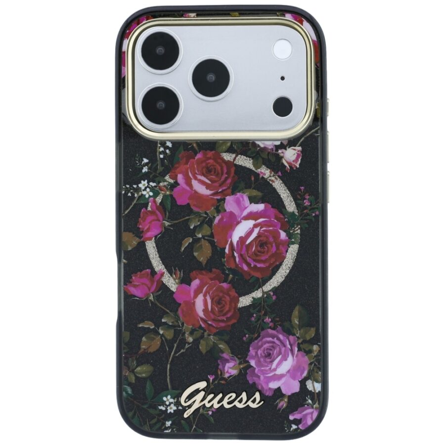 Etui Guess IML Glitter Blossom Roses MagSafe do iPhone 18 Pro Max / 17 Pro Max czarny