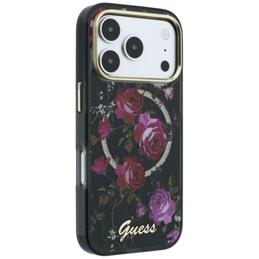 Etui Guess IML Glitter Blossom Roses MagSafe do iPhone 18 Pro Max / 17 Pro Max czarny