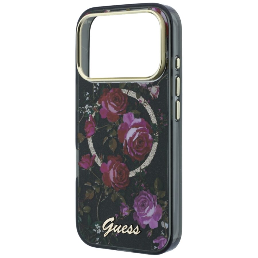 Etui Guess IML Glitter Blossom Roses MagSafe do iPhone 18 Pro Max / 17 Pro Max czarny