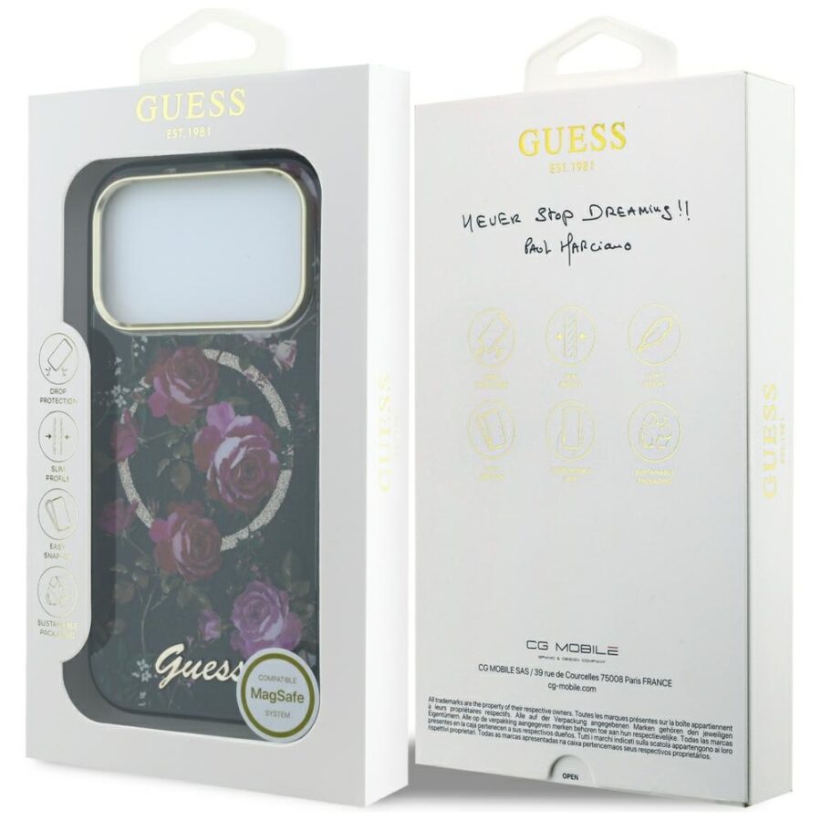 Etui Guess IML Glitter Blossom Roses MagSafe do iPhone 18 Pro Max / 17 Pro Max czarny
