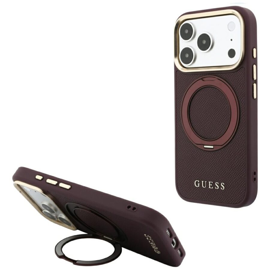 Etui Guess Ring Stand 360 Grained Classic Logo MagSafe do iPhone 18 Pro / 17 Pro burgundowy