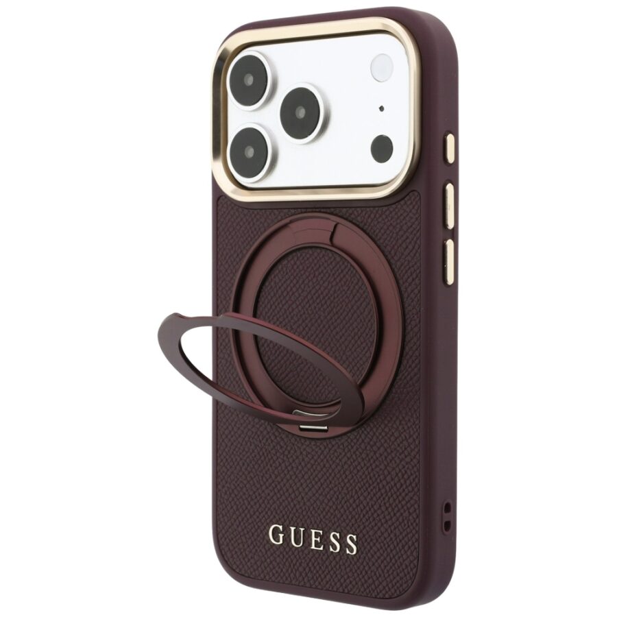 Etui Guess Ring Stand 360 Grained Classic Logo MagSafe do iPhone 18 Pro / 17 Pro burgundowy