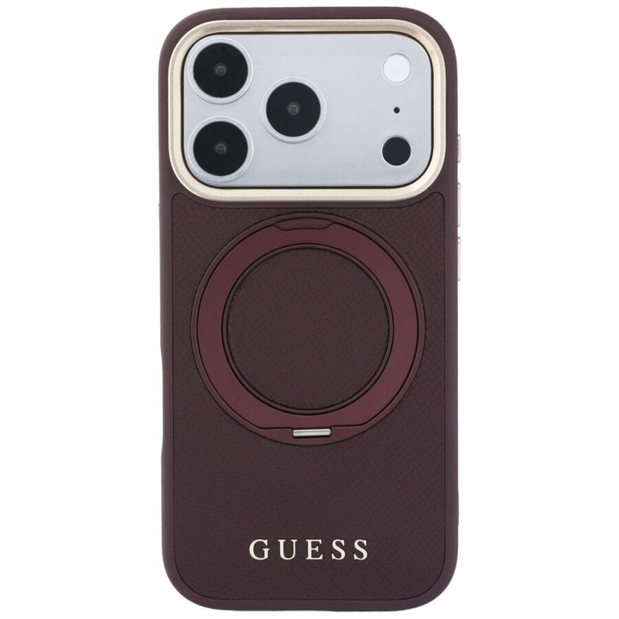Etui Guess Ring Stand 360 Grained Classic Logo MagSafe do iPhone 18 Pro / 17 Pro burgundowy