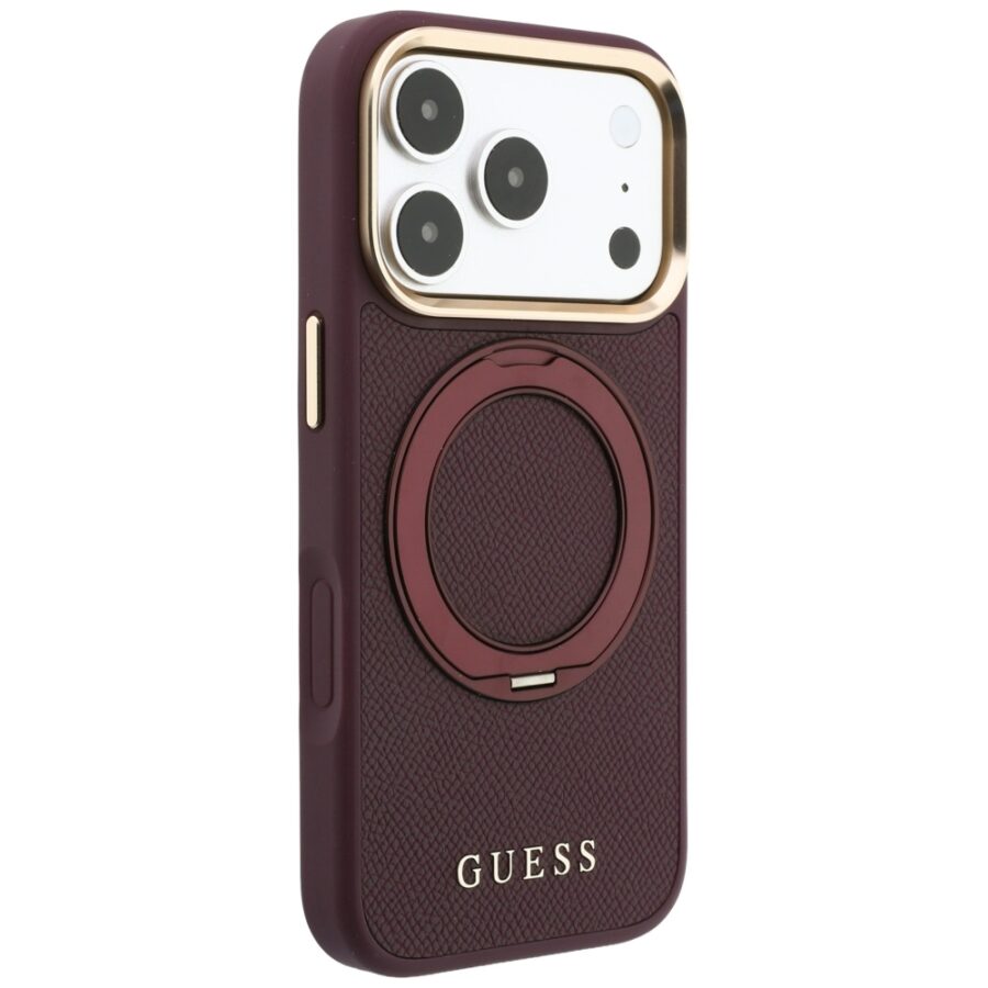 Etui Guess Ring Stand 360 Grained Classic Logo MagSafe do iPhone 18 Pro / 17 Pro burgundowy