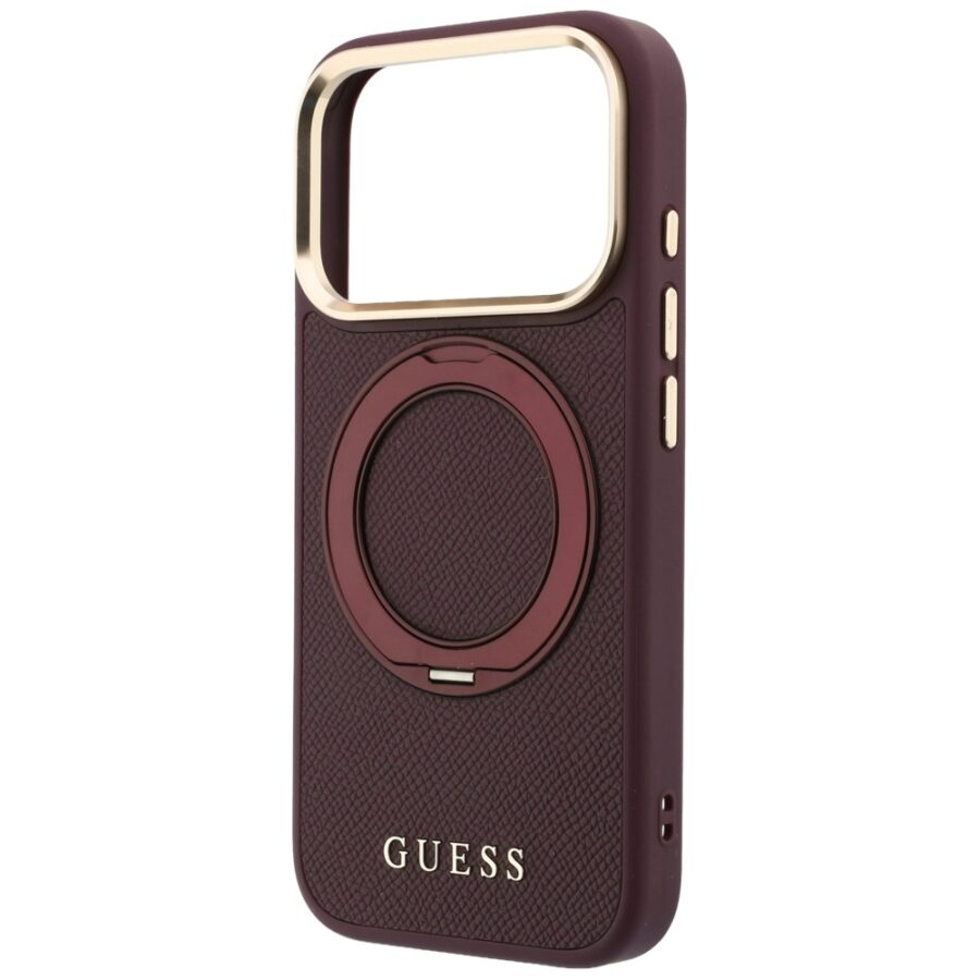 Etui Guess Ring Stand 360 Grained Classic Logo MagSafe do iPhone 18 Pro / 17 Pro burgundowy