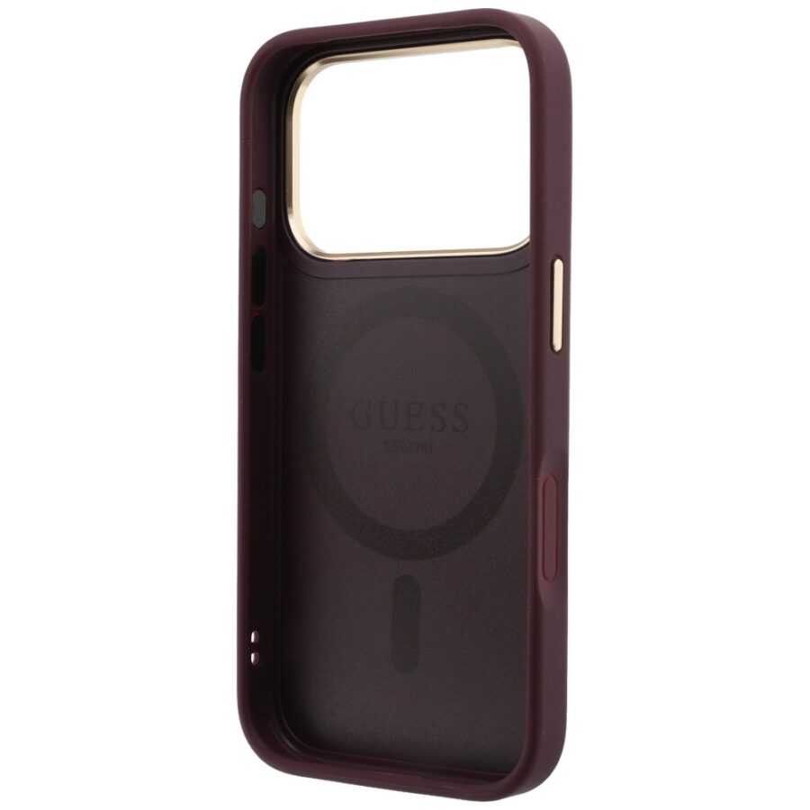 Etui Guess Ring Stand 360 Grained Classic Logo MagSafe do iPhone 18 Pro / 17 Pro burgundowy