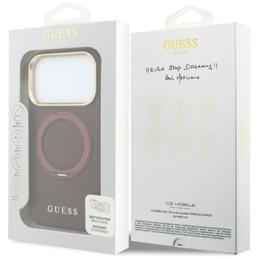 Etui Guess Ring Stand 360 Grained Classic Logo MagSafe do iPhone 18 Pro / 17 Pro burgundowy