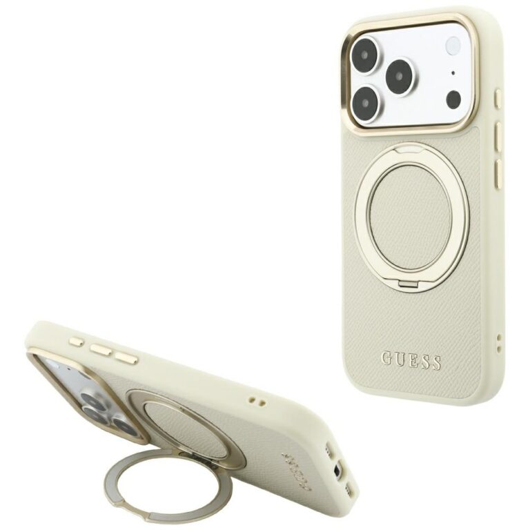 Etui Guess Ring Stand 360 Grained Classic Logo MagSafe do iPhone 18 Pro / 17 Pro beżowy