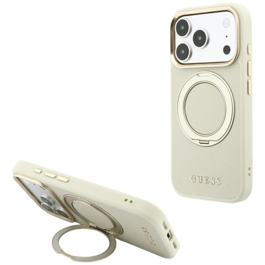 Etui Guess Ring Stand 360 Grained Classic Logo MagSafe do iPhone 18 Pro / 17 Pro beżowy
