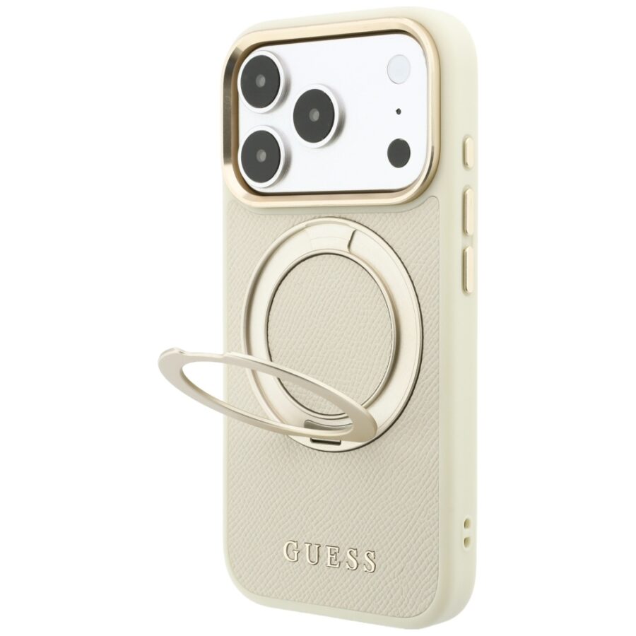 Etui Guess Ring Stand 360 Grained Classic Logo MagSafe do iPhone 18 Pro / 17 Pro beżowy
