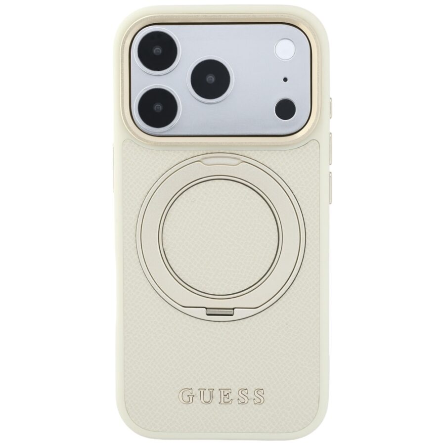 Etui Guess Ring Stand 360 Grained Classic Logo MagSafe do iPhone 18 Pro / 17 Pro beżowy
