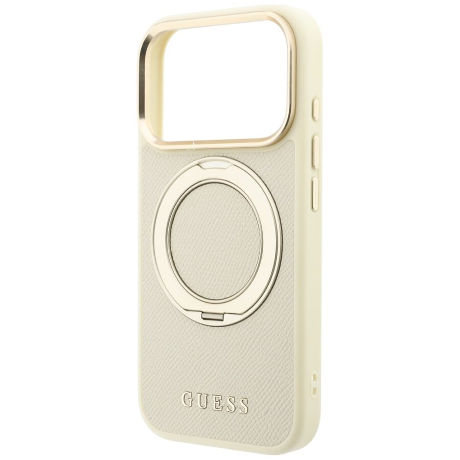 Etui Guess Ring Stand 360 Grained Classic Logo MagSafe do iPhone 18 Pro / 17 Pro beżowy