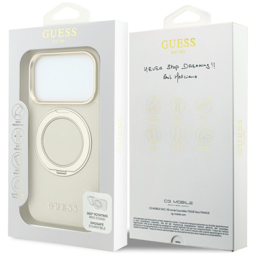Etui Guess Ring Stand 360 Grained Classic Logo MagSafe do iPhone 18 Pro / 17 Pro beżowy
