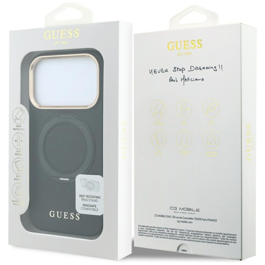 Etui Guess Ring Stand 360 Grained Classic Logo MagSafe do iPhone 18 Pro / 17 Pro czarny