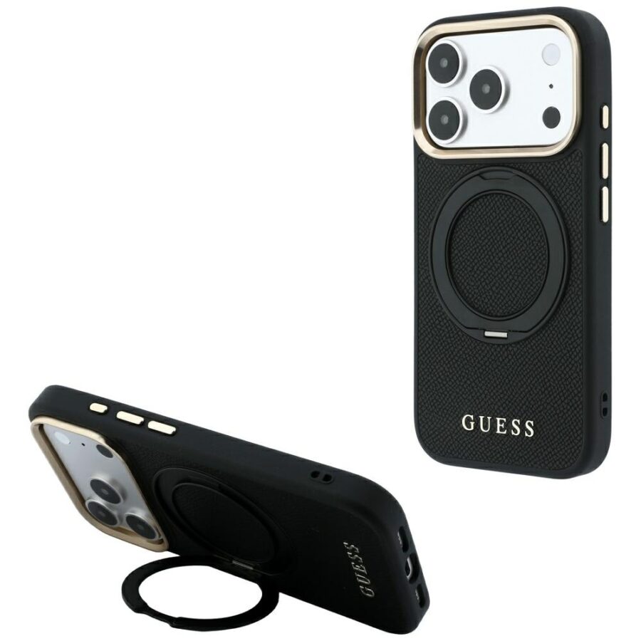 Etui Guess Ring Stand 360 Grained Classic Logo MagSafe do iPhone 18 Pro Max / 17 Pro Max czarny
