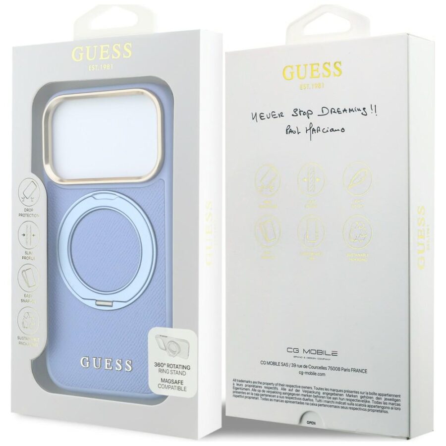 Etui Guess Ring Stand 360 Grained Classic Logo MagSafe do iPhone 18 Pro / 17 Pro jasnoniebieski