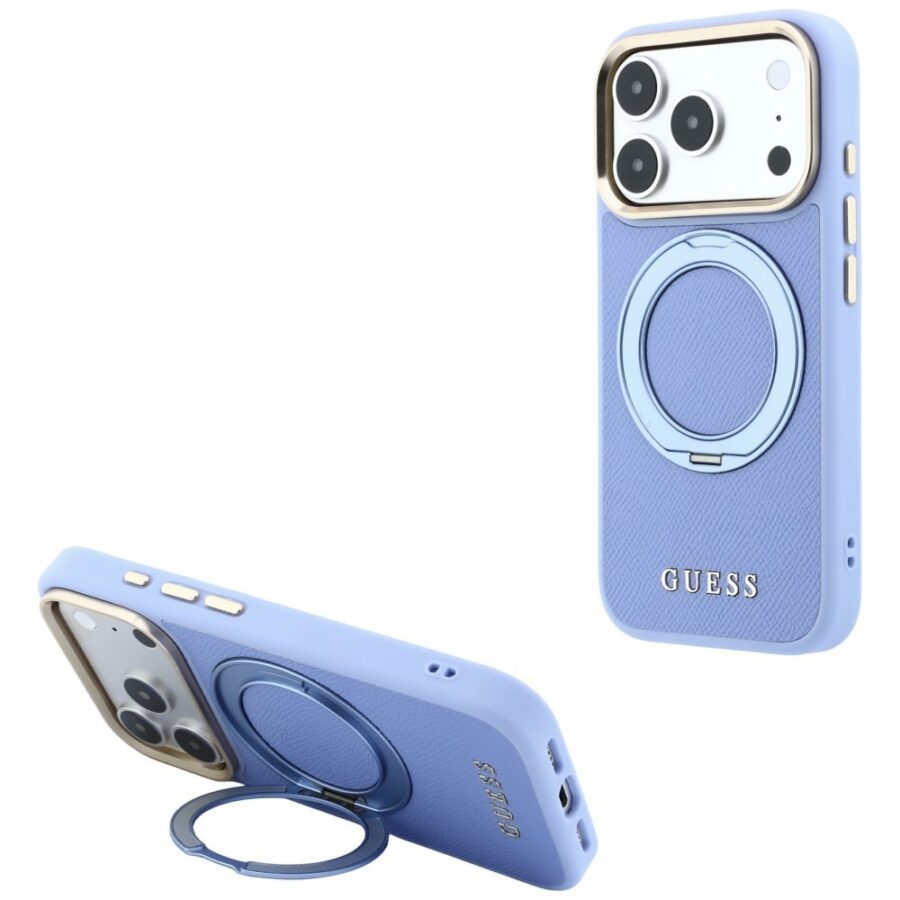 Etui Guess Ring Stand 360 Grained Classic Logo MagSafe do iPhone 18 Pro / 17 Pro jasnoniebieski